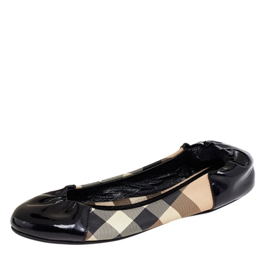Pre-owned Burberry Black Patent Leather And Nova Check Coated Canvas Scrunch Ballet Flats Size 36
