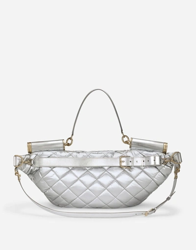 Shop Dolce & Gabbana Quilted Nylon Sicily Belt Bag With Branded Plate In Silver