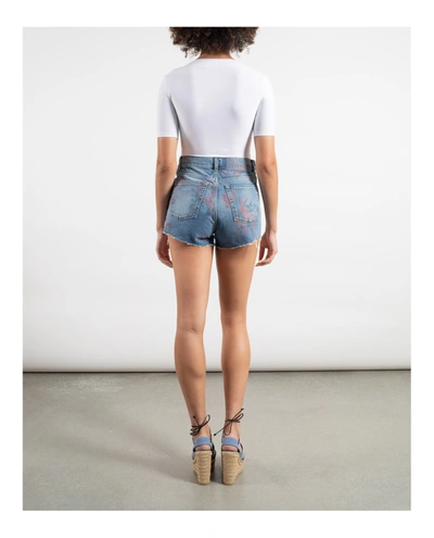 Shop Saint Laurent Floral Print Denim Shorts In Blue