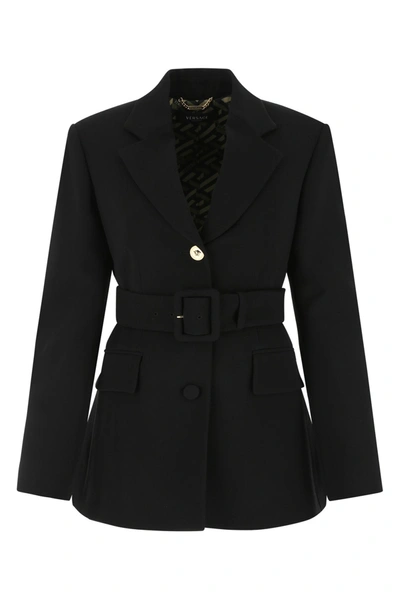 Shop Versace Belted Buttoned Coat In Black