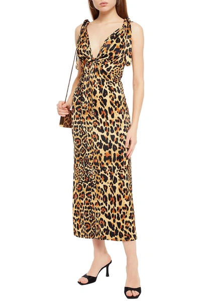 Shop Rabanne Knotted Leopard-print Satin-jersey Midi Dress In Animal Print