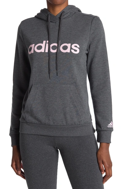 Shop Adidas Originals Essentials Logo Drawstring Hoodie In Dark Grey Heather/clear Pink