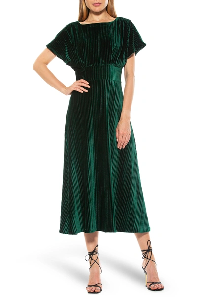 Shop Alexia Admor Pleated Boatneck Velvet Midi Dress In Emerald