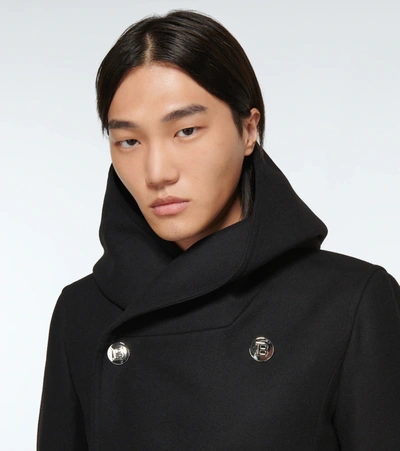 Shop Balmain Hooded Wool-blend Peacoat In Black