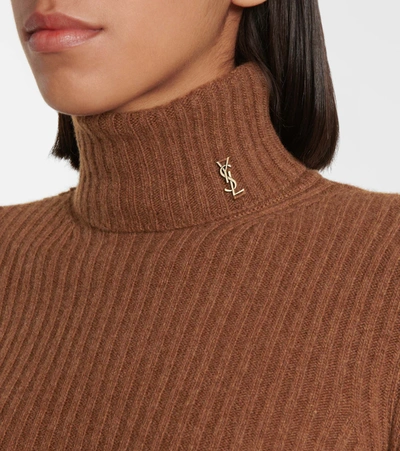 Shop Saint Laurent Ribbed-knit Wool And Cashmere Turtleneck Sweater In Brown