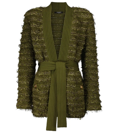 Shop Balmain Belted Tweed Longline Cardigan In Green