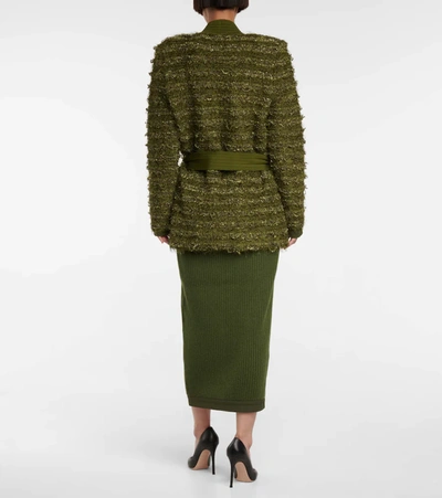 Shop Balmain Belted Tweed Longline Cardigan In Green