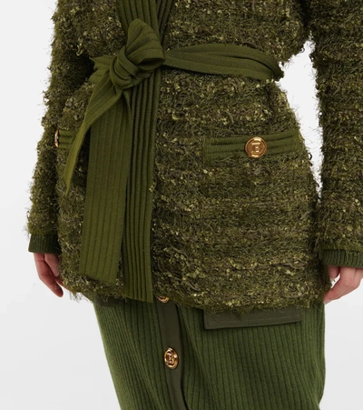 Shop Balmain Belted Tweed Longline Cardigan In Green