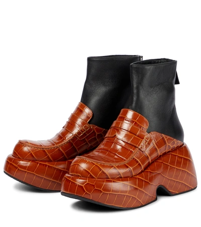 Shop Loewe Croc-effect Leather Ankle Boots In Brown