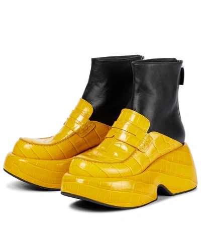 Shop Loewe Croc-effect Leather Ankle Boots In Yellow/black