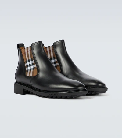 Shop Burberry Checked Leather Chelsea Boots In Black/birch Brown