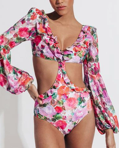 Shop Patbo Blossom Long Sleeve Swimsuit In Rose