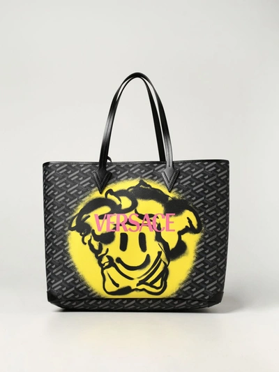 Shop Versace Bags Medusa Smiley  Canvas Bag In Black