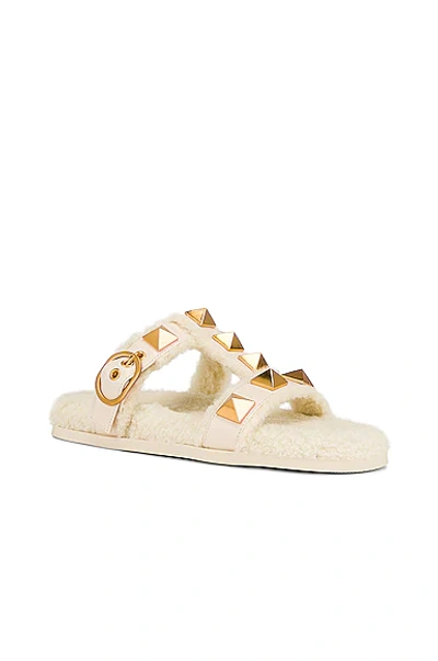 Shop Valentino Roman Stud Slides In Light Ivory & Bianco Naturale