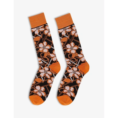 Shop Marni Womens Black Floral-print Knee-length Cotton-blend Socks S
