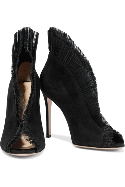Shop Gianvito Rossi Ginevra 105 Pleated Tulle-trimmed Suede Ankle Boots In Black