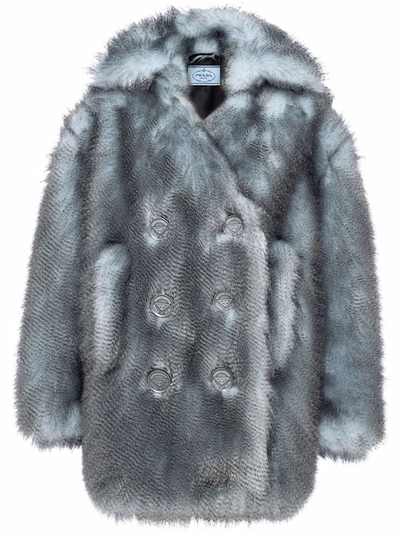 Shop Prada Double-breasted Faux-fur Coat In 灰色