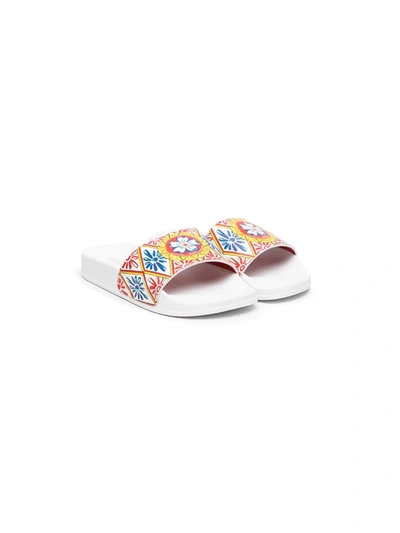 Shop Dolce & Gabbana Floral-print Flat Slides In White