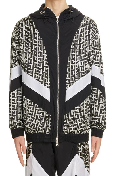 Shop Balmain Monogram Colorblock Hooded Nylon Jacket In Ivory/ White/ Black