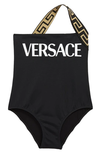Shop Versace Kids' Greca Logo One-shoulder One-piece Swimsuit In Black