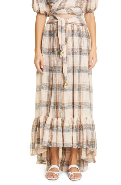 Shop Lisa Marie Fernandez Nicole Plaid High-low Linen Blend Skirt In Peach Plaid