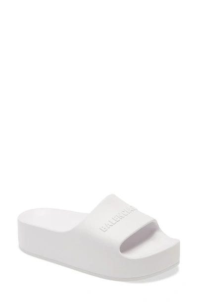 Shop Balenciaga Logo Platform Slide Sandal In Optical White