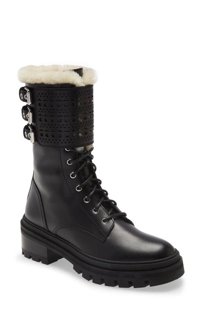 Shop Alaïa Trekking Genuine Shearling Lined Lug Sole Boot In Noir