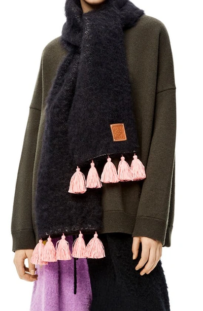 Shop Loewe Tassel Mohair & Wool Scarf In Black/ Pink