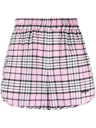 Shop Msgm Logo-embroidered Tartan-check Shorts In Pink