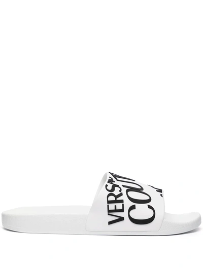 Shop Versace Jeans Couture Logo-debossed Two-tone Slides In White