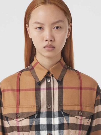 Shop Burberry Check Wool Tie-waist Shirt Dress In Birch Brown