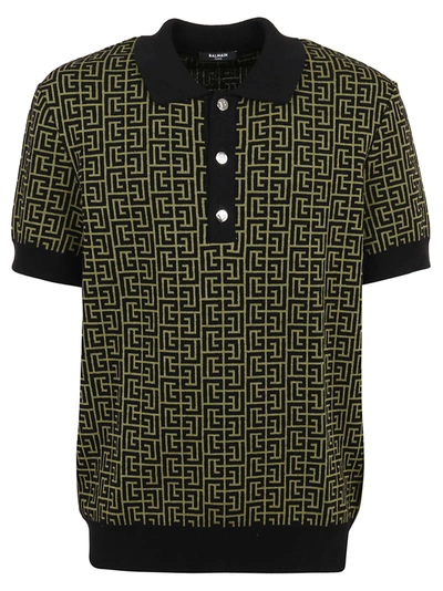 Shop Balmain Knitted Polo Shirt In Uee Kaki Noir