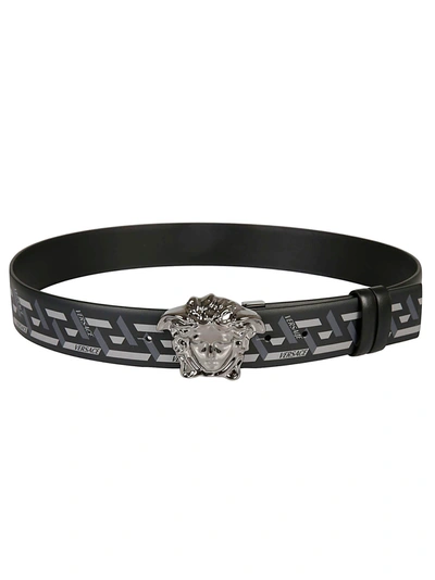 Shop Versace Logo Buckle Belt In Black/grey
