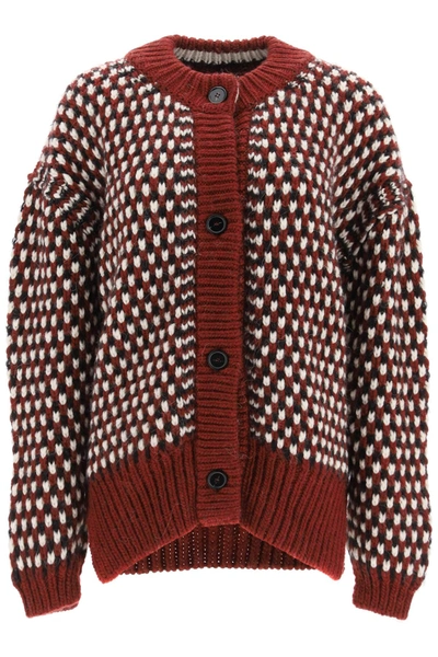 Shop Marni Oversized Cardigan With Openings In Red,white,black