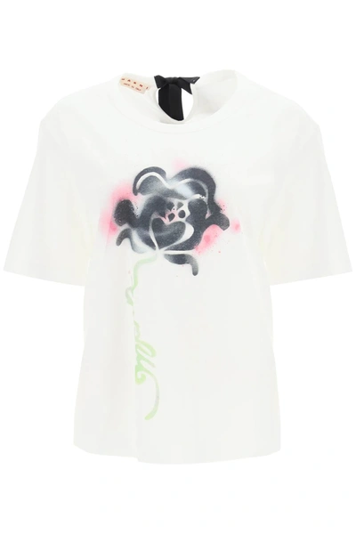 Shop Marni Stencil Flower T-shirt In White,black,pink,green