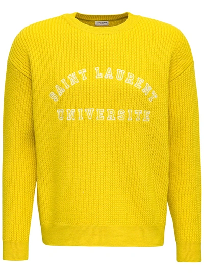 Shop Saint Laurent Yellow Ribbed Wool Sweater With Logo Print