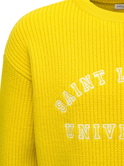 Shop Saint Laurent Yellow Ribbed Wool Sweater With Logo Print