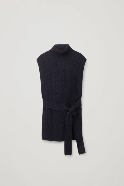 Shop Cos Cable Knit Roll-neck Belted Vest In Blue