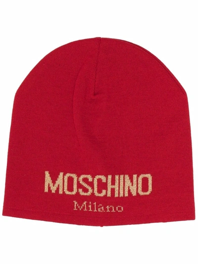 Shop Moschino Logo-knitted Beanie In Red