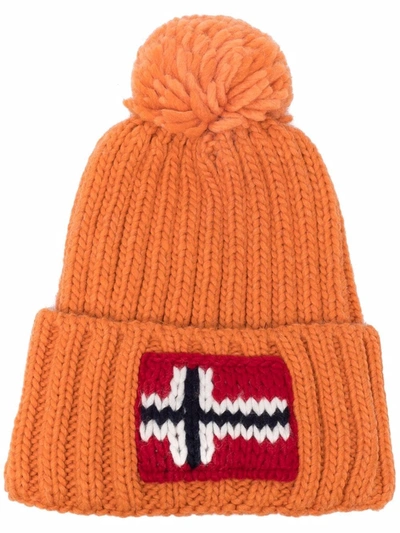 Shop Napapijri Logo Embroidered Beanie Hat In Orange