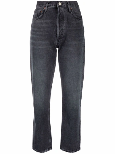 Shop Agolde Tapered-leg Cropped Jeans In Black