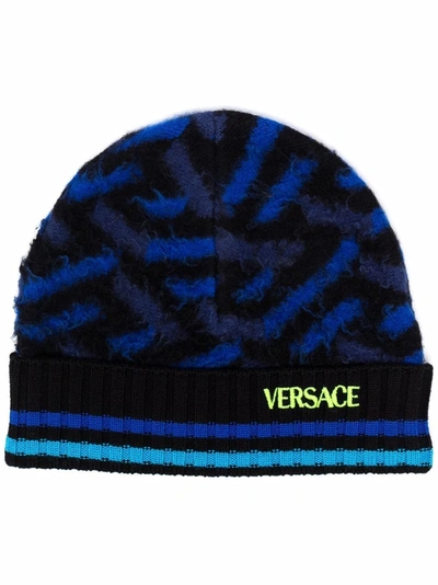 Shop Versace Colour-block Wool Beanie In Blue