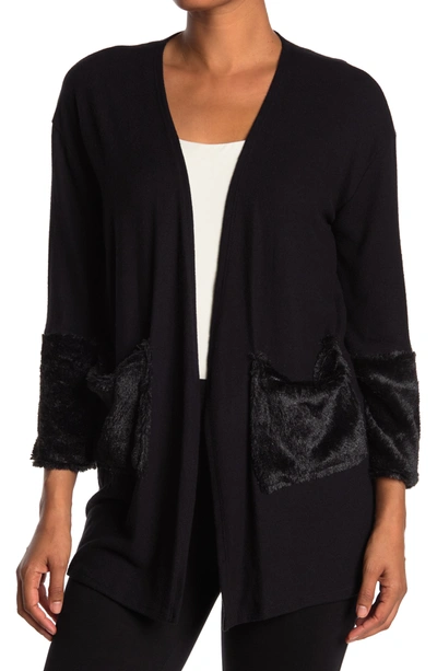 Go Couture Long Sleeve Double Stitch Faux Fur Cardigan In Heather Grey Bttm Black