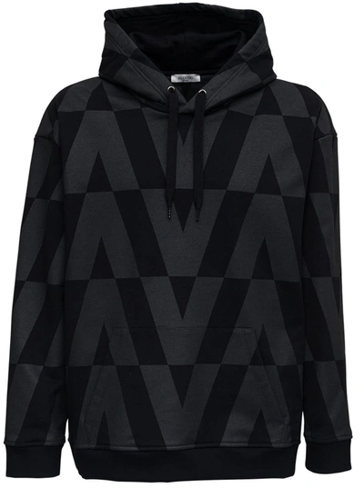 Shop Valentino Black Cotton Hoodie With Macro Optical Print