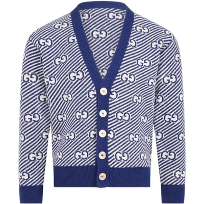 Shop Gucci Multicolor Cardigan For Boy With Double Gg In Blue