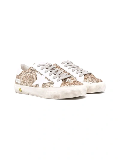 Shop Golden Goose Teen Gold Glittered Super-star Sneakers With White Star In Gold/white