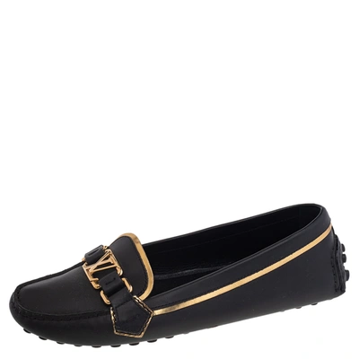 Pre-owned Louis Vuitton Black/gold Leather Oxford Slip On Loafers Size 37