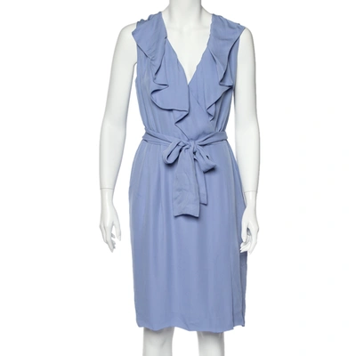 Pre-owned Valentino Blue Silk Ruffled Neck Detail Belted Wrap Midi Dress L