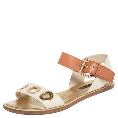 Louis Vuitton Cream/Brown Leather Slingback Flat Sandals Size 36 For Sale  at 1stDibs