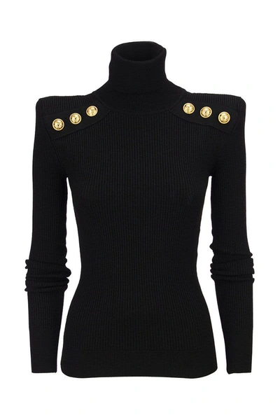 Shop Balmain Turtleneck Sweater With Gold Buttons In Black